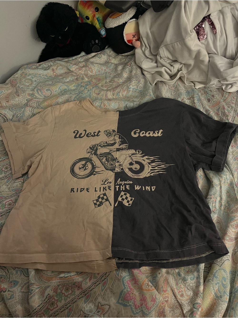 West Coast Two-Tone Motorcycle Graphic Tee - Beige & Charcoal